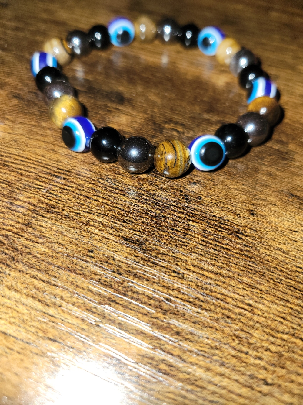 Evil Eye Beaded Stretch Bracelet - Blue, Black & Brown